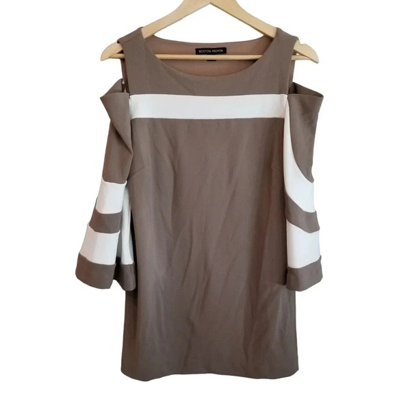 Boston Proper Women's Travel Cold Shoulder Bell Sleeve Dress Size Medium Brown - Picture 1 of 10